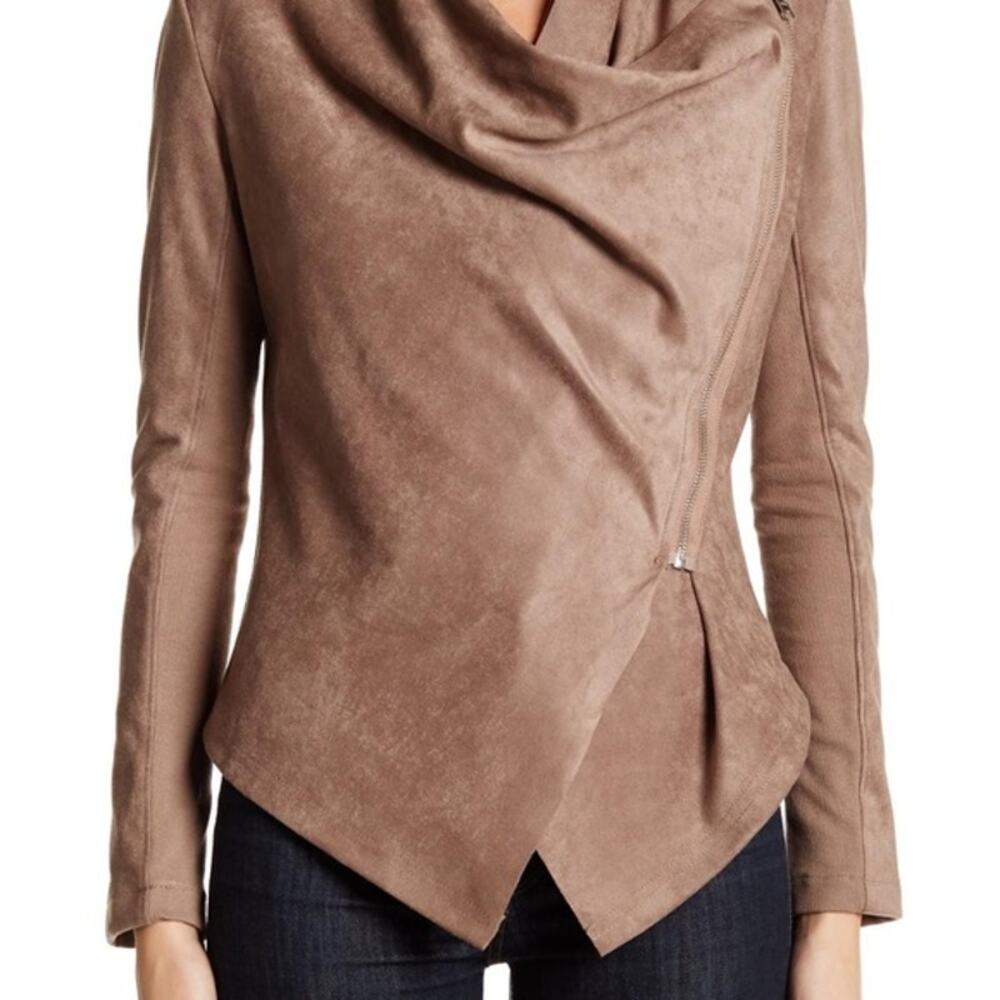 Vigoss Faux Suede Asymmetrical Zip Moto Jacket Taupe Brown Size Medium